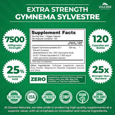 Zazzee Organic Gymnema Sylvestre 25:1 Extract, 7500 Mg Strength, 25% Gymnemic Acid, 120 Vegan Capsules, 4 Month Supply, Standardi