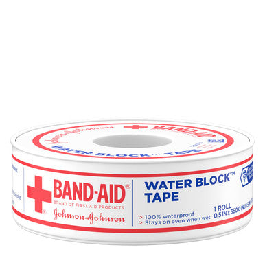 Band-Aid Brand First Aid Water Block 100% Waterproof Self-Adhesive Tape Roll For Durable Wound Care To Firmly Secure Bandages, 1/2 In By 10 Yd