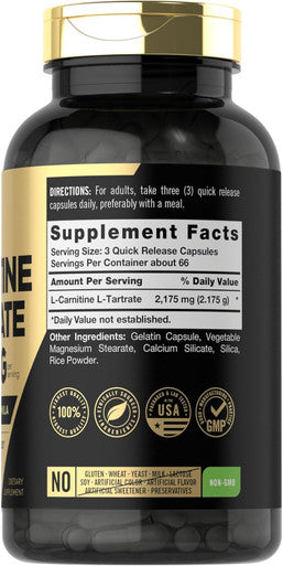 Carlyle L Carnitine Tartrate | 2175mg | 200 Capsules | Advanced Athlete Formula | Workout Supplement | As L-Carnitine L-Tartrate | Non-GMO Gluten