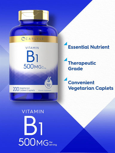 Carlyle Vitamin B1 500mg (Thiamine) | 200 Vegetarian Caplets | Non-GMO and Gluten Supplement