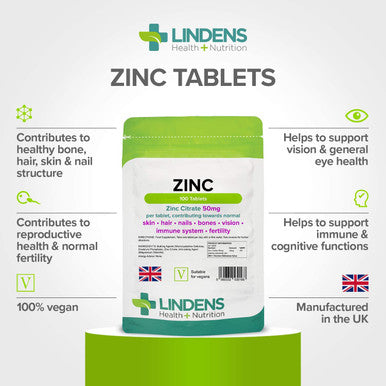 Lindens Zinc Citrate 50mg - 100 Vegan Tablets - Immune Function, Fertility, Healthy Bones, Vision, Hair, Nails and Skin - Made in The UK | (3+ Months Supply) | Letterbox Friendly