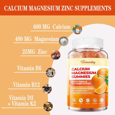 Calcium Magnesium Zinc Gummies With Vitamin D3 & K2 - High Absorption Magnesium Glycinate 400Mg - Sugar Calcium Supplement - Support Nerve Muscle Mood & Immunity - For Adults Men Women Kids