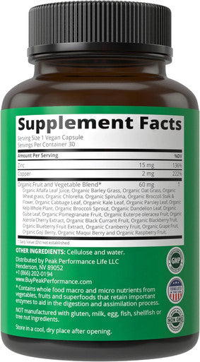 Zinc With Copper + Whole Food Blend Of 25 Vegetables And Fruits For Max Absorption. Immune Support Supplement Capsules. Two Essential Minerals For Immunity. Zinc Vitamin Pills For Men And Women.