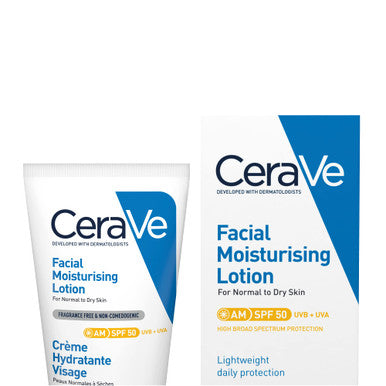Cerave Am Facial Moisturising Lotion Spf50 With Ceramides & Vitamin E For Normal To Dry Skin 52Ml & Blemish Control Face Cleanser With 2% Salicylic Acid & Niacinamide For Blemish-Prone Skin 236Ml