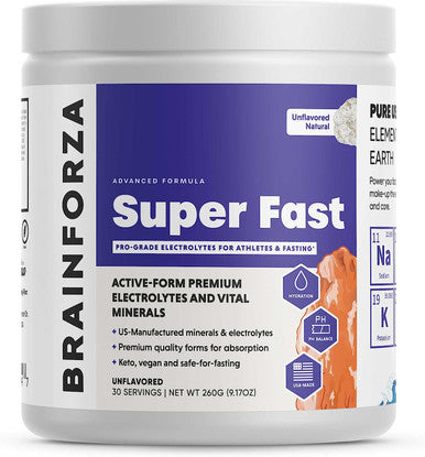 Brain Forza Super Fast Keto Electrolytes for Fasting - Premium Electrolytes, No Sugar or Flavoring w/ Potassium, Sodium, Magnesium, Calcium, Iron, Pink Himalayan Salt, (30srv, Unflavored)