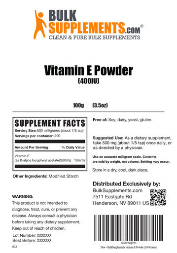 BulkSupplements Vitamin E Powder - D-Alpha Tocopheryl, Antioxidants Supplement, - 500mg with 280mg (400IU) of Vitamin E , 200 Servings (100 Grams 3.5 oz)