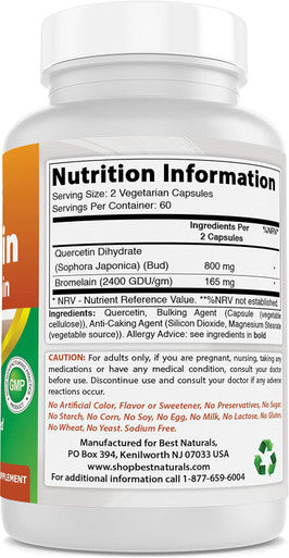 Best Naturals Quercetin with Bromelain Veggie Capsule - 800mg of Quercetin & 165 mg of Bromelain (2400 GDU/g) 120 Count