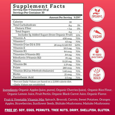 Llama Naturals Multivitamin for Women and Men Vegan Organic Gummies with Vitamin D C and K Adults Real Fruit Gummy Vitamins Chewable Multivitamin Supplement No Added Sugar Cane Cherry 120 Ct