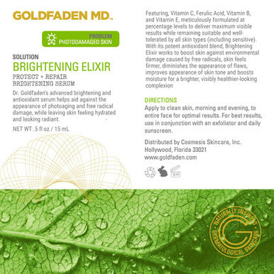 GOLDFADEN MD Brightening Elixir Serum w/Vitamin C Ferulic Acid Vitamin B Vitamin E Helps Aid Against The Appearance Of Photoaging Leaves Skin Feeling Hydrated Looking Radiant 1.0 fl oz