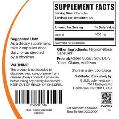 BulkSupplements Inositol Capsules - Vitamin B8 Supplement for Antioxidants & Liver Support - Vegan, - 2 Capsules - 2-Month Supply (120 Veg Capsules)