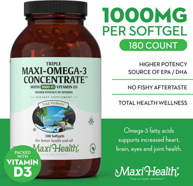 Maxi Health Triple Omega-3 Concentrate - Fish Oil - "1000 IU" Vitamin D3 (190 Capsules)