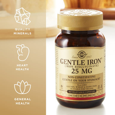 Solgar Gentle Iron (Iron Bisglycinate) 25 Mg 90 Vegetable Capsules Non Constipating Gentle On Your Stomach Gluten Free 90 Servings