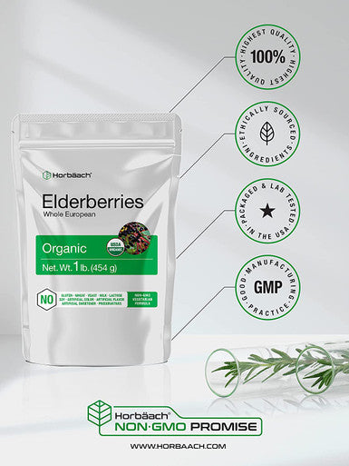 Organic Dried Elderberries | 1 lb Bulk Bag | European Whole | Non-GMO, Gluten Free | Sambucus Nigra | by Horbaach