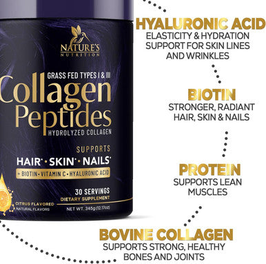 Nature'S Nutrition Collagen Peptides Powder With Hyaluronic Acid and Biotin Citrus Flavored 10g Grass Fed Collagen Powder for Women with Type I & III Collagen Supplements Hair Nail Skin & Joint Support - 30 Servings