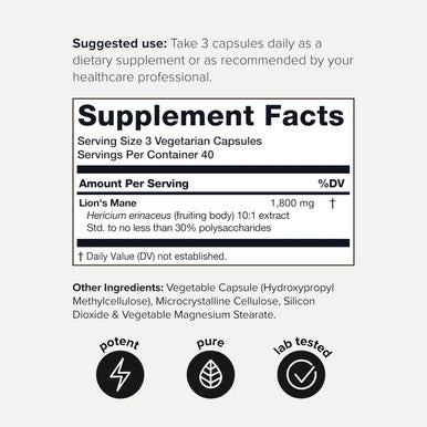Toniiq Lion's Mane Ultra High Potency 10:1 Extract with 30% Polysaccharides Highly Concentrated and Bioactive Third-Party Lab Tested 120 Capsules
