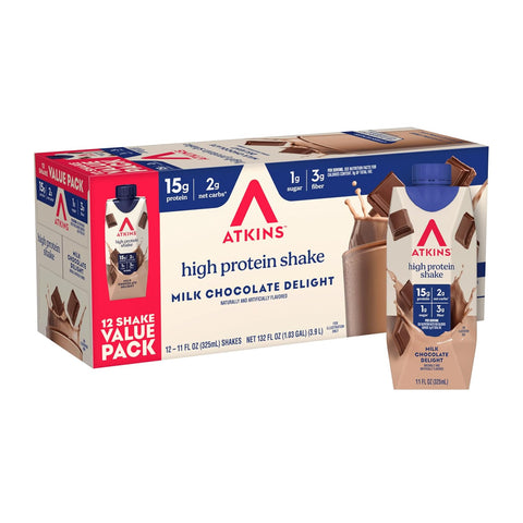 Atkins Milk Chocolate Delight High Protein Shake, 15g Protein, 12 Count | 15g Protein, 3g Fiber, 2g Net Carb, 1g Sugar, Chocolate Flavored, Keto Friendly, Ready to Drink, 12 Count