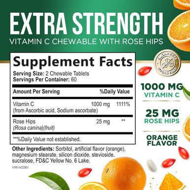 Nature'S Nutrition Chewable Vitamin C 1000 mg - Extra Strength Antioxidants for Powerful Immune Support with Vitamin C & Rose Hips - Potent Dietary Vitamin Supplement - Natural Vegan Gluten- Non-GMO - 120 Tablets