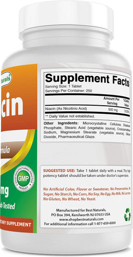 Best Naturals Niacin 500mg 250 Tablets with Flushing - Also Called Vitamin B3 (250 Count (Pack of 1))