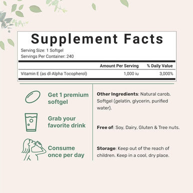 Micro Ingredients Vitamin E 1000 IU 240 Softgels | Pure Vitamin E Oil Pills | Antioxidant Supplements for Skin Face & Immune Health | Non-GMO Gluten