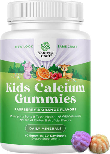 Natures Craft Tasty Kids Calcium Gummies - Vitamin D & Calcium Gummies for Children - Vitamin Gummies with Calcium & Vitamin D for Muscle Bone & Development - Gelatin- Kosher Childrens Gummies 60ct (1 Pack)