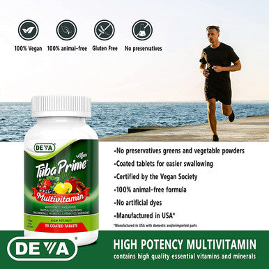 Deva Tuba Prime Vegan Multivitamin Iron- High-Potency Vitamin & Mineral Dietary Supplement Antioxidants, Fruit & Veg Blend, Super Mushrooms, Probiotics, Prebiotics, Seeds, Herbs 90 Tabs 2-Pack