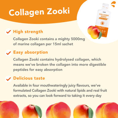 Zooki Marine Collagen Liquid Sachets 5000mg ÃƒÂ¢Ã¢â€šÂ¬Ã¢â‚¬Å“ Great Taste Sugar Free ÃƒÂ¢Ã¢â€šÂ¬Ã¢â‚¬Å“ High Strength Marine Collagen Supplements for Women & Men ÃƒÂ¢Ã¢â€šÂ¬Ã¢â‚¬Å“ Skin Joints & Hair (Mango Peach Flavour 14 Servings)