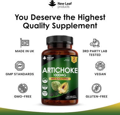 Artichoke Extract Tablets - 120 High Strength Artichoke Extract Tablets Enriched With Black Pepper - Artichoke Supplements No Inulin Or Leaf Fibre - 5% Cynarin - 1000Mg Artichoke Extract Made In Uk