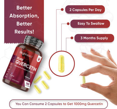 Weightworld Pure Quercetin 1000mg - 180 Vegan Quercetin Powder Capsules - High Strength Quercetin Supplement - 2 Quercetin Capsules Per Serving - High Absorption & Effectiveness - Natural Immunity Supplement