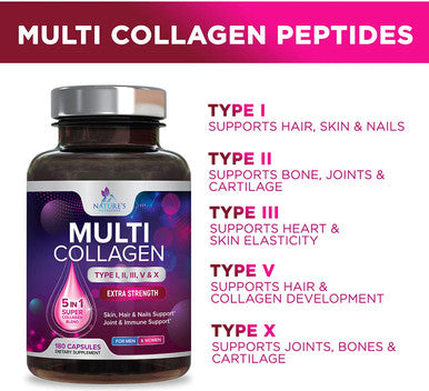 Multi Collagen Pills 1000mg - Extra Strength Hydrolyzed Collagen - Advanced Peptides Complex 5-in-1 Types I, II, III, V, X - Supports Healthy Skin, Hair, Nails & Joints Supplement - 180 Capsules