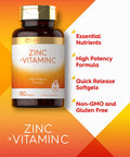 Zinc 100mg with Vitamin C | 180 Softgels | Non-GMO, Gluten Free Supplement | by Carlyle