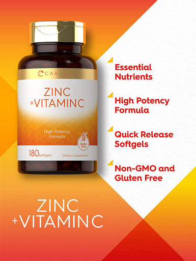 Zinc 100mg with Vitamin C | 180 Softgels | Non-GMO, Gluten Free Supplement | by Carlyle