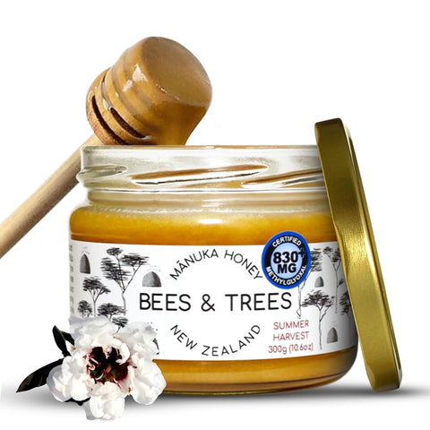 Bees & Trees Manuka Honey 350+ MGO - Raw Pure New Zealand Monofloral Honey Ã¢â‚¬â€œ Unpasteurized & Natural Unfiltered Manuka for Tea, Coffee, Dressings, Smoothies & Daily Use Ã¢â‚¬â€œ Glass Jar, 380g (13.4oz)