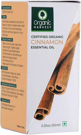 Organic Harvest - Cinnamon Essential Oil USDA, OneCert, Certified Organic, 100% Pure, Undiluted, Therapeutic Grade, Excellent for Aromatherapy, 1/3 fl. Oz / 10 ml