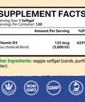 Vitacook Vitamin D3, 5000 Iu (125 Mcg), 4 Months Supply For Supporting Cardiovascular Health, Strong Bones & Muscle Function, Vegetarian, Once Daily, Non-Gmo, 120 Softgels