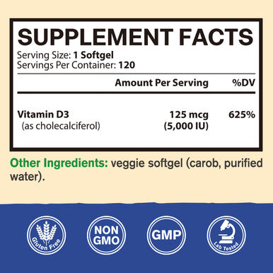 Vitacook Vitamin D3, 5000 Iu (125 Mcg), 4 Months Supply For Supporting Cardiovascular Health, Strong Bones & Muscle Function, Vegetarian, Once Daily, Non-Gmo, 120 Softgels