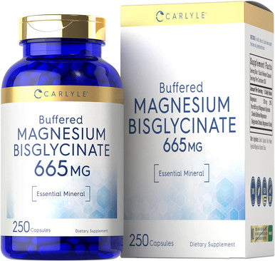 Buffered Magnesium Bisglycinate 665 mg | 250 Capsules | Chelated Essential Mineral | Non-GMO and Gluten Free Supplement | by Carlyle