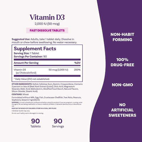 Natrol Fast Dissolve Vitamin D3 2000 Iu Dietary Supplement For Bone And Joint Health Bone Support Supplement 90 Tablets 90 Day Supply