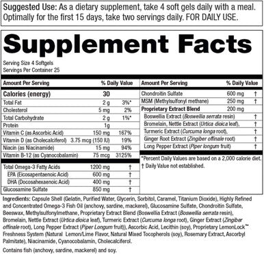 Joint Formula Supreme Purity Products Omega3 Fish Oil Glucosamine Chondroitin MSM Turmeric Ginger Bromelain Boswellia 5 in 1 Support Healthy Joint Flexibility Mobility 100 Soft Gels