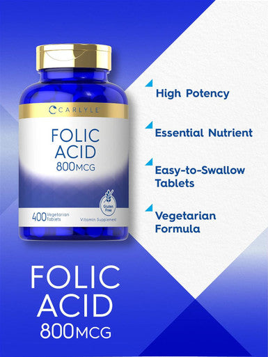 Carlyle Folic Acid 800 Mcg Tablets | 400 Count | Vegetarian Non-GMO Gluten