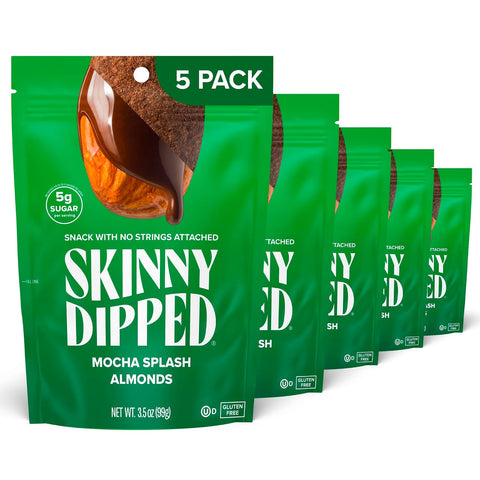 SkinnyDipped Dark Chocolate Cocoa Almonds, Healthy Snack, Plant Protein, Gluten Free, 3.5 oz Resealable Bags (Pack of 5)