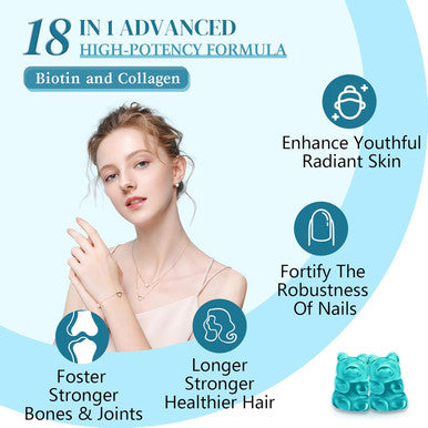 Biotin Gummies 15000Mcg With Collagen, Keratin, Hyaluronic Acid, Vitamin For Skin, Hair Growth, Nails & Joints, Women Men Adults Kids - 60 Blueberry Flavored Gummies