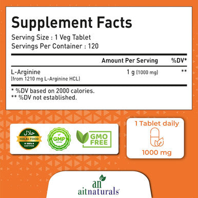 Aitnaturals Double Strength L-Arginine 1000mg (120 Tablets) | Nitric Oxide Precursor Amino Acid | Supports Cardiovascular Health Blood Circulation Muscle Growth Energy & Workout Recovery | Non-GMO