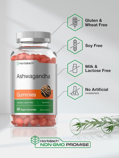 Horbaach Ashwagandha Gummies For Women And Men 60 Count Vegan, Non-Gmo, Gluten Supplement Tropical Flavor