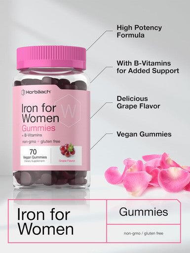 HorbAach Iron Gummies For Women Supplement With B Vitamins 70 Count Grape Flavor Vegan, Non-Gmo & Gluten Free
