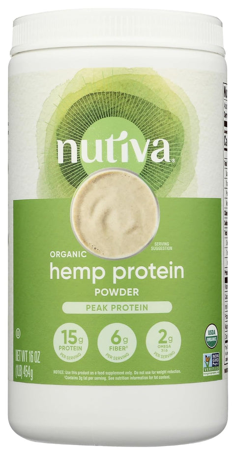 Nutiva Organic Cold-Pressed Raw Hemp Seed Protein Powder, Peak Protein, 16 Ounce, USDA Organic, Non-GMO, Whole 30 Approved, Vegan, Gluten-Free & Keto, Plant Protein with Essential Amino Acids