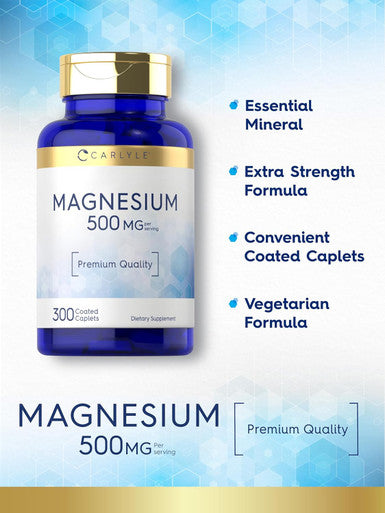 Carlyle Magnesium 500mg | 300 Coated Caplets | Vegetarian Non-GMO and Gluten Supplement