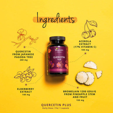 Quercetin Complex VegaveroÃƒâ€šÃ‚Â® | with Bromelain, Elderberry & Acerola Vitamin C | 120 Gastro-Resistant DrCapsÃƒâ€šÃ‚Â® for Ideal Absorption | NO Additives Ãƒâ€šÃ¢â‚¬â€œ Vegan