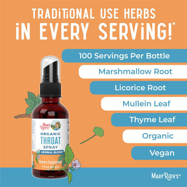 Maryruth Organics USDA Organic Throat Spray with Mullein Leaf by | Marshmallow Root & Licorice Root & Thyme Leaf | 4 Herbal Blend | Non-GMO | Vegan | Gluten | 1 Fl Oz | Up to 100 Servings