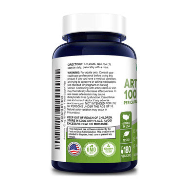 Artemisinin 100 mg 180 Veggie Capsules with 5 mg BioPerine for Enhanced Absorption, Sweet Wormwood Extract, Vegan and Non-GMO - 6 Month Supply