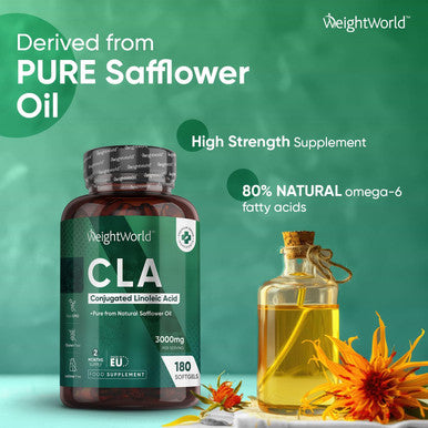 Weightworld CLA Supplement 3000mg - 180 High Strength Softgels - 80% Active Isomers Conjugated Linoleic Acid from Safflower Oil - Pre Workout Diet Supplement (Alternative of L-Carnitine) for Men & Women